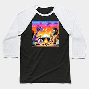 Dinosaur & Caveman Sunset Campfire - Prehistoric Friends Gathering Baseball T-Shirt